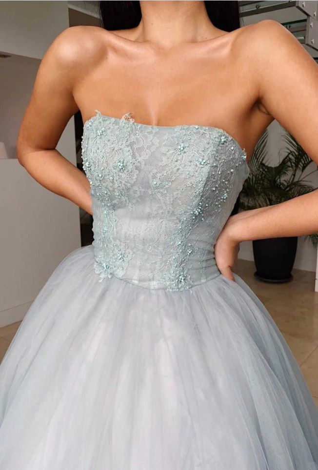 Dusty Blue A-Line Strapless Tulle Tiered Long Prom Dress,DP694