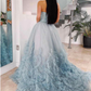 Dusty Blue A-Line Strapless Tulle Tiered Long Prom Dress,DP694