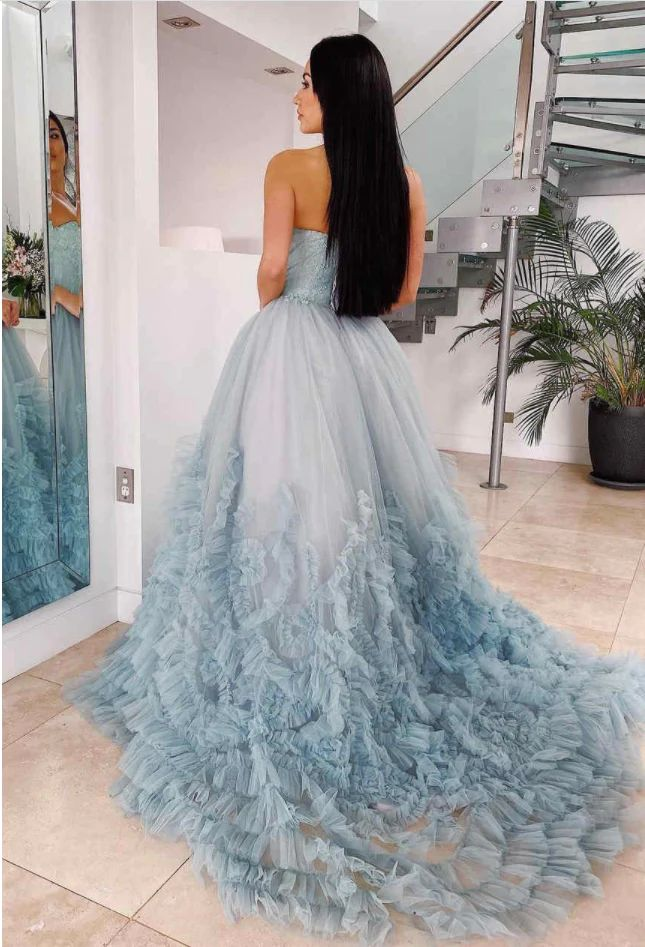 Dusty Blue A-Line Strapless Tulle Tiered Long Prom Dress,DP694