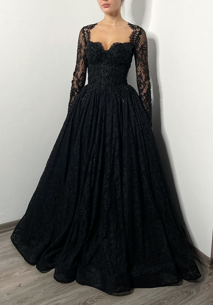 Black Gothic Embellished Beaded Lace Corset Wedding Dress Alternative Bride Sparkly Prom Dress,DP698