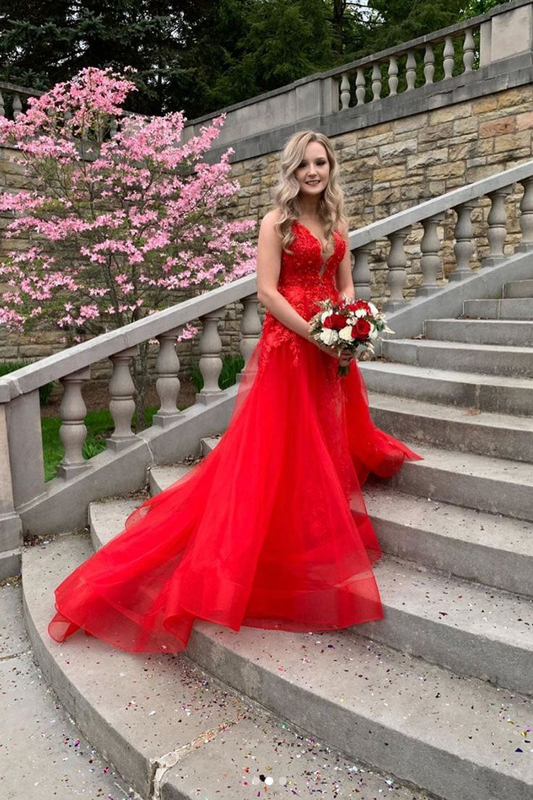 Red V Neck Tulle Lace Long Prom Dress Red Lace Long Evening Dress,DP700