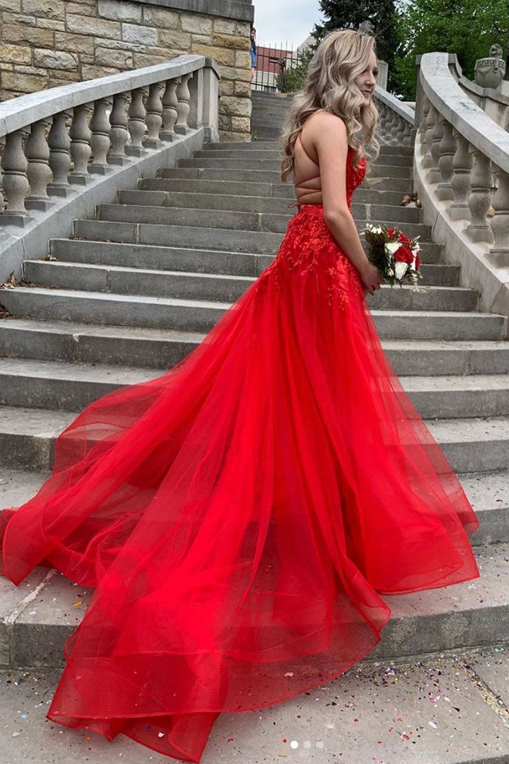 Red V Neck Tulle Lace Long Prom Dress Red Lace Long Evening Dress,DP700