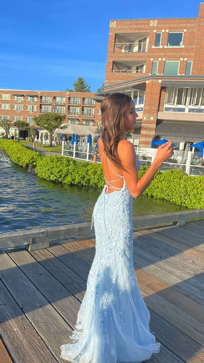 Light Blue Mermaid Backless Appliques Long Prom Dress,DP704