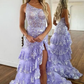 Light Purple Sheath One Shoulder Tiered Lace Long Prom Dress,DP708