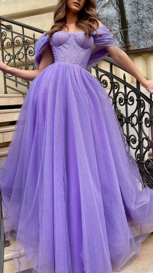 Purple A-Line  Strapless Tulle Long Prom Dress Evening Party Dress,DP711