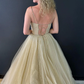 Champagne Shiny A-Line V Neck Prom Dress Lace-Up Long Formal Gown,DP713