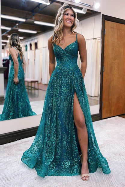 Green A-line Spaghetti Straps Lace Sleeveless Long Prom Dress With Slit,DP714