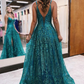 Green A-line Spaghetti Straps Lace Sleeveless Long Prom Dress With Slit,DP714