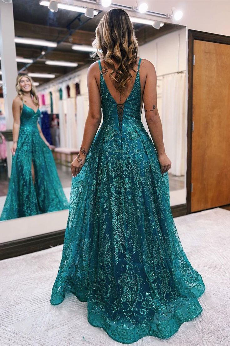 Green A-line Spaghetti Straps Lace Sleeveless Long Prom Dress With Slit,DP714