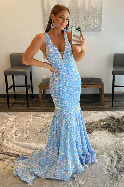 Sky Blue Sparkly Mermaid V Neck Sequins Long Prom Dresses,DP716