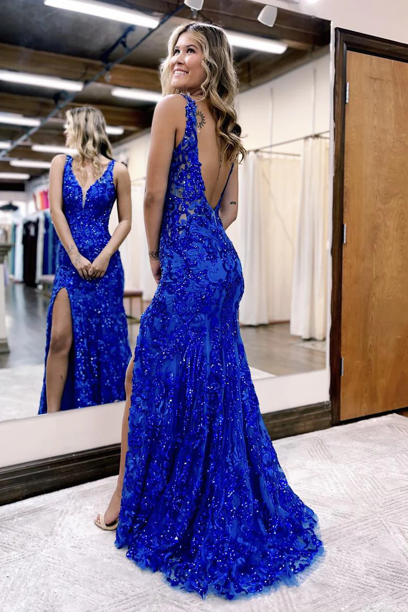 Royal Blue V Neck Sequins Backless Lace Long Mermaid Prom Dress with Slit,DP718