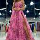 Chiffon A-Line Strapless Floral Printed Backless Long Prom Dresses with High Slit,DP721