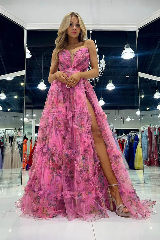 Chiffon A-Line Strapless Floral Printed Backless Long Prom Dresses with High Slit,DP721