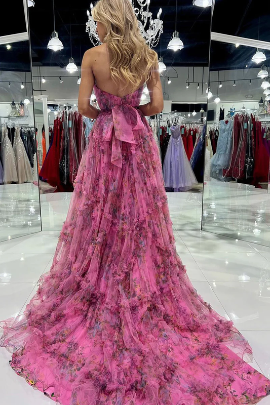 Chiffon A-Line Strapless Floral Printed Backless Long Prom Dresses with High Slit,DP721