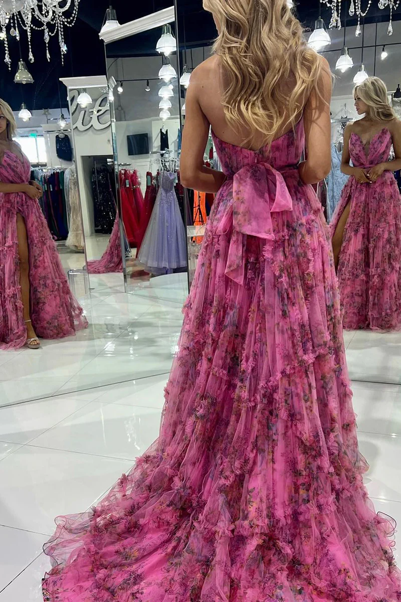 Chiffon A-Line Strapless Floral Printed Backless Long Prom Dresses with High Slit,DP721