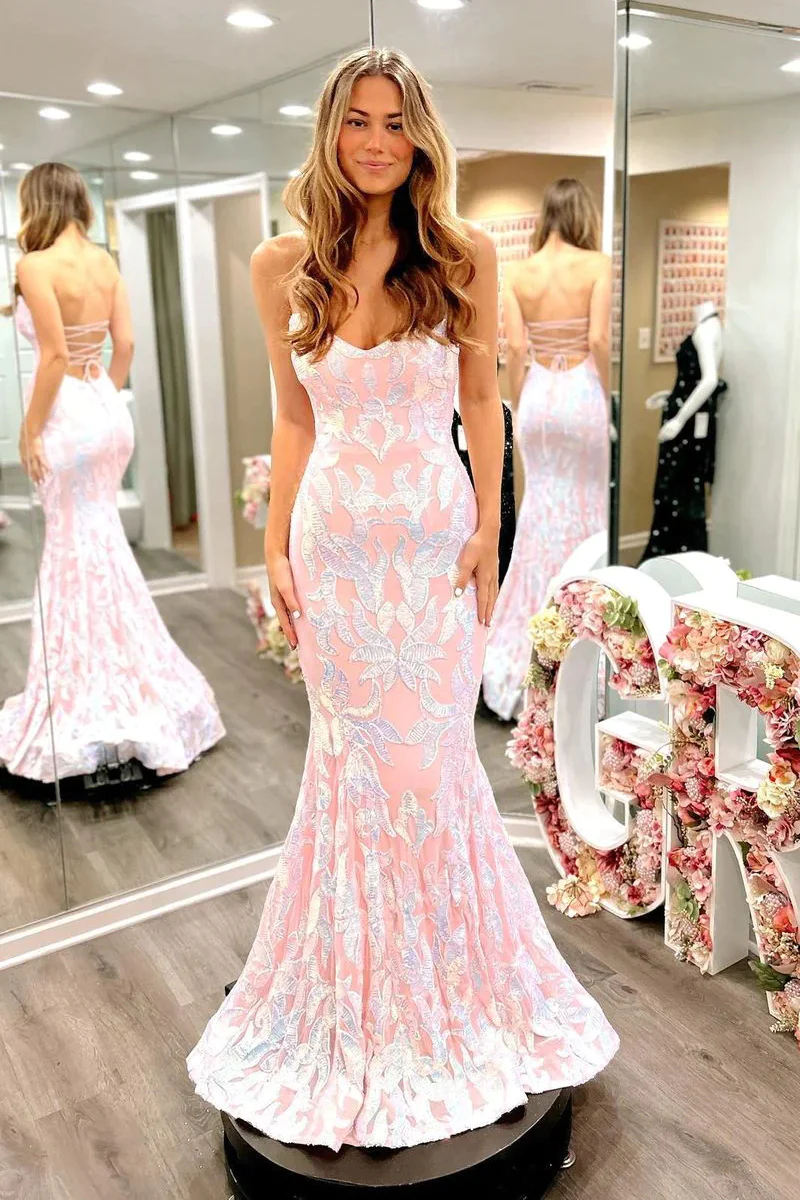 Blush Pink Cute Mermaid Scoop Neck Satin Prom Dresses with Sequins Lace,DP724