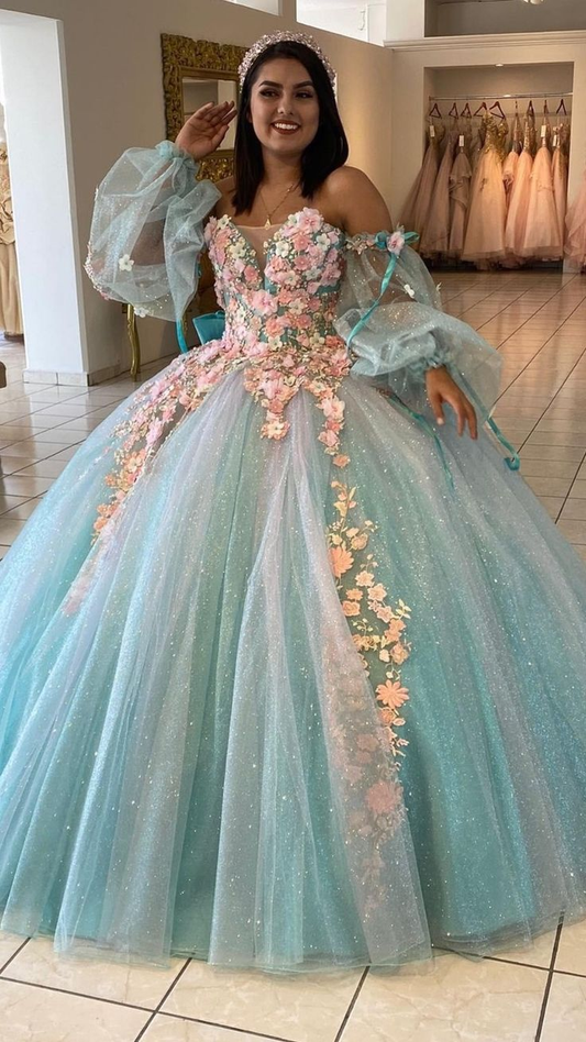 Ice Blue Off Shoulder Tulle Ball Gowns Quinceanera Dress with 3D Flowers,DP725