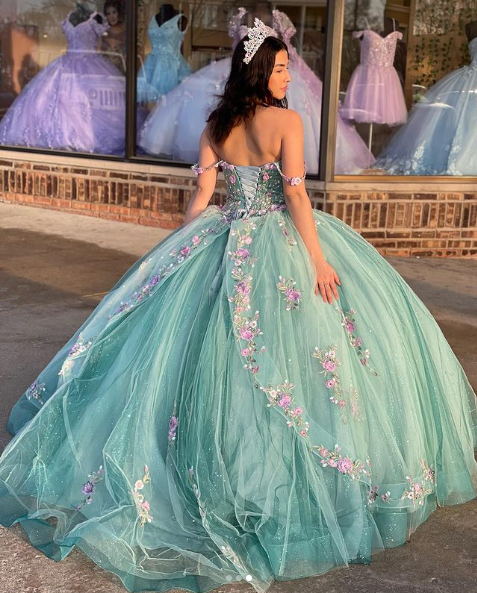 Princess Floral Off Shoulder Tulle Ball Gowns Quinceanera Dress,DP726