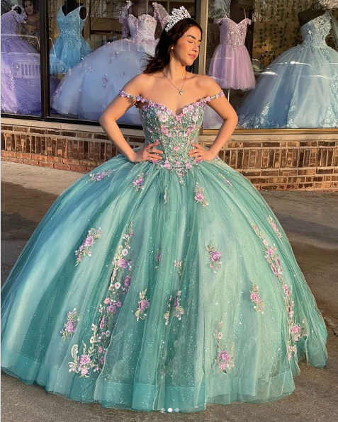 Princess Floral Off Shoulder Tulle Ball Gowns Quinceanera Dress,DP726