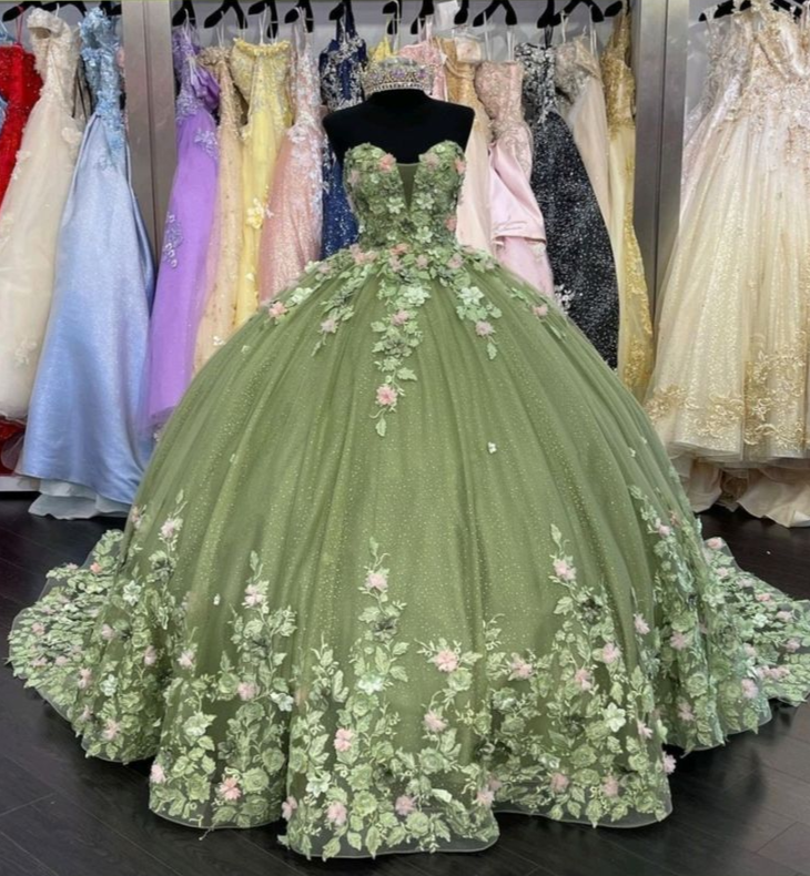 Green Elegant Floral Sweetheart Tulle Ball Gowns Quinceanera Dress with Appliques,DP727