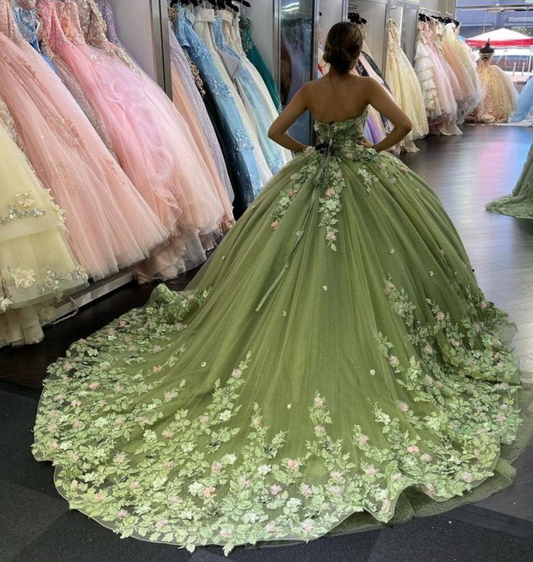 Green Elegant Floral Sweetheart Tulle Ball Gowns Quinceanera Dress with Appliques,DP727