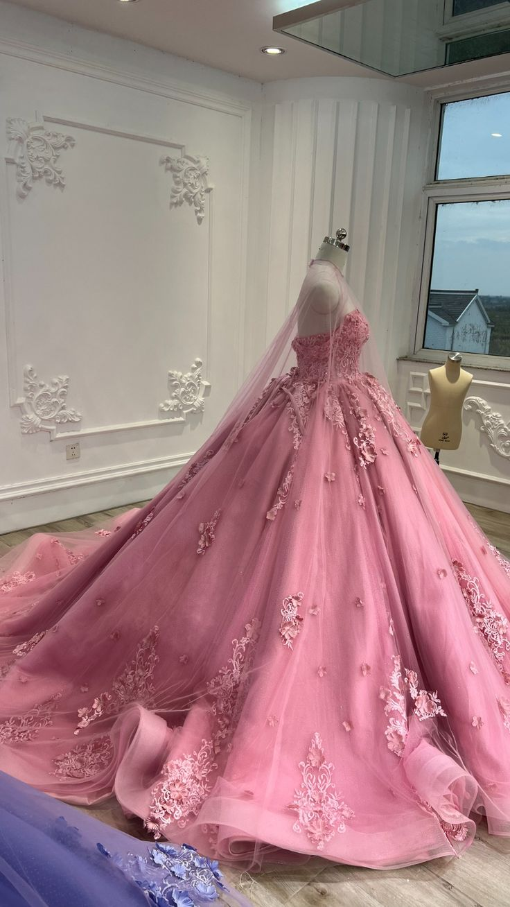 Pink Sweetheart Tulle Appliques Ball Gowns Quinceanera Dress with Cape,DP728