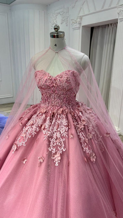 Pink Sweetheart Tulle Appliques Ball Gowns Quinceanera Dress with Cape,DP728