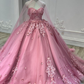 Pink Sweetheart Tulle Appliques Ball Gowns Quinceanera Dress with Cape,DP728