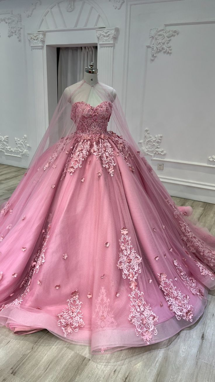 Pink Sweetheart Tulle Appliques Ball Gowns Quinceanera Dress with Cape,DP728