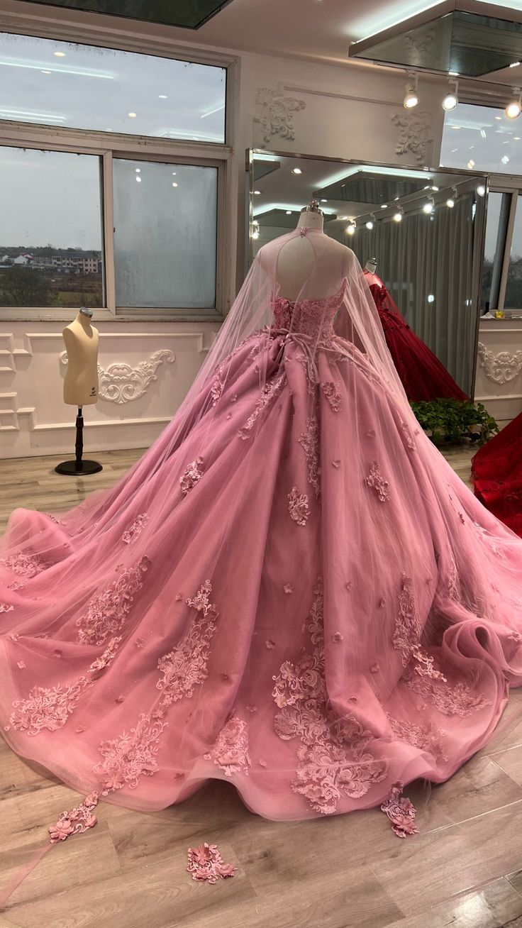 Pink Sweetheart Tulle Appliques Ball Gowns Quinceanera Dress with Cape,DP728