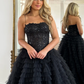 Black A-Line Spaghetti Straps Tiered Sequins Tulle Long Prom Dress,DP731