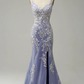 Blue Sheath V Neck Long Prom Dress with Appliques Party Dress with Slit,DP733