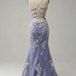 Blue Sheath V Neck Long Prom Dress with Appliques Party Dress with Slit,DP733