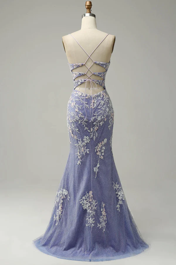 Blue Sheath V Neck Long Prom Dress with Appliques Party Dress with Slit,DP733