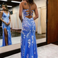 Blue Sheath V Neck Long Prom Dress with Appliques Party Dress with Slit,DP733