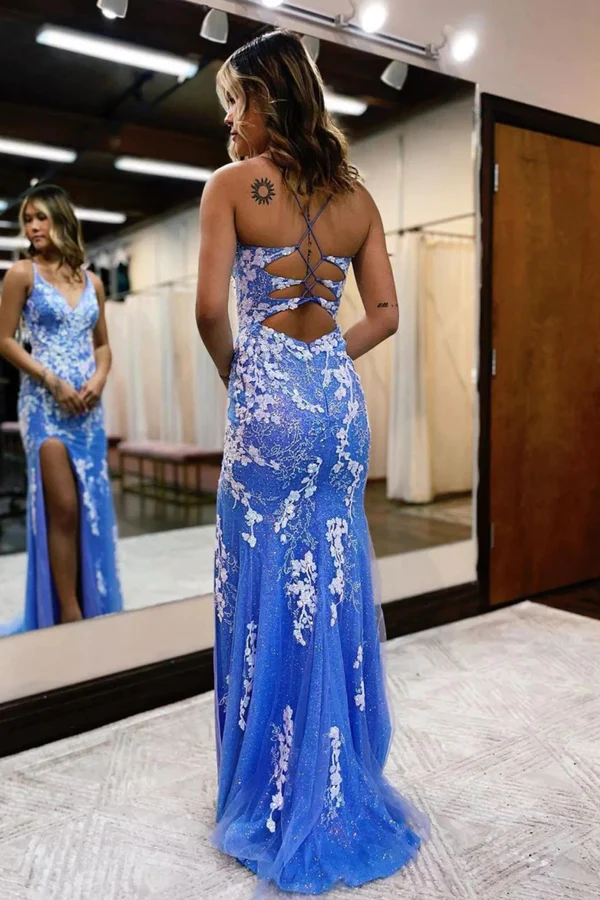 Blue Sheath V Neck Long Prom Dress with Appliques Party Dress with Slit,DP733