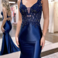 Mermaid V Neck Satin Long Prom Dress with Appliques and Beads,DP734