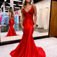 Mermaid V Neck Satin Long Prom Dress with Appliques and Beads,DP734