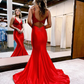 Mermaid V Neck Satin Long Prom Dress with Appliques and Beads,DP734