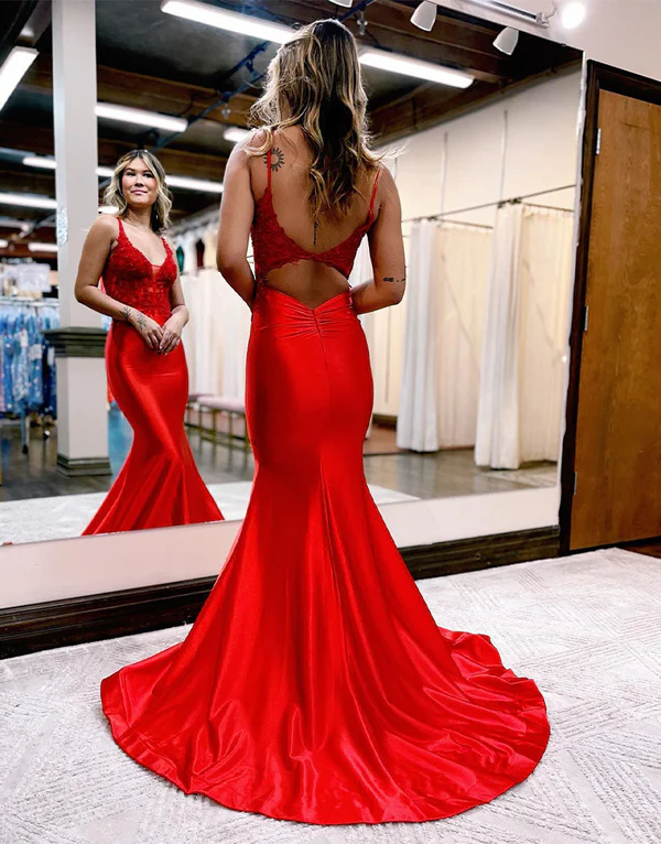 Mermaid V Neck Satin Long Prom Dress with Appliques and Beads,DP734