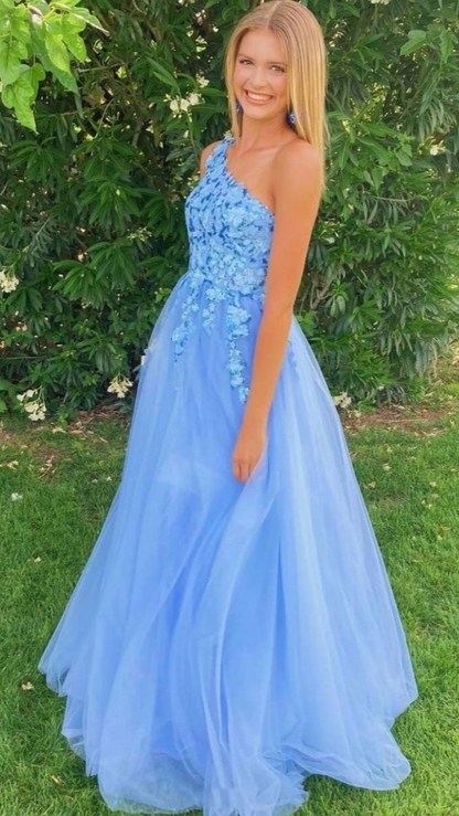 Blue One Shoulder Sequins Tulle Long Prom Dress Blue Evening Dress,DP740