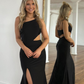 Black Mermaid One Shoulder Long Prom Dress With Slit,DP741