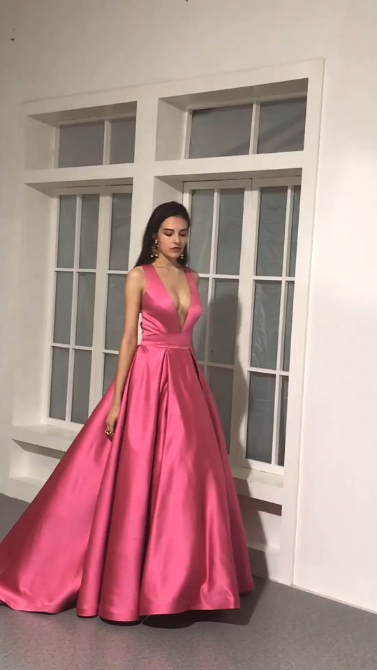 Elegant Satin A-Line Long Prom Dress Deep V Neck Formal Party Dress,DP745