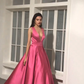 Elegant Satin A-Line Long Prom Dress Deep V Neck Formal Party Dress,DP745