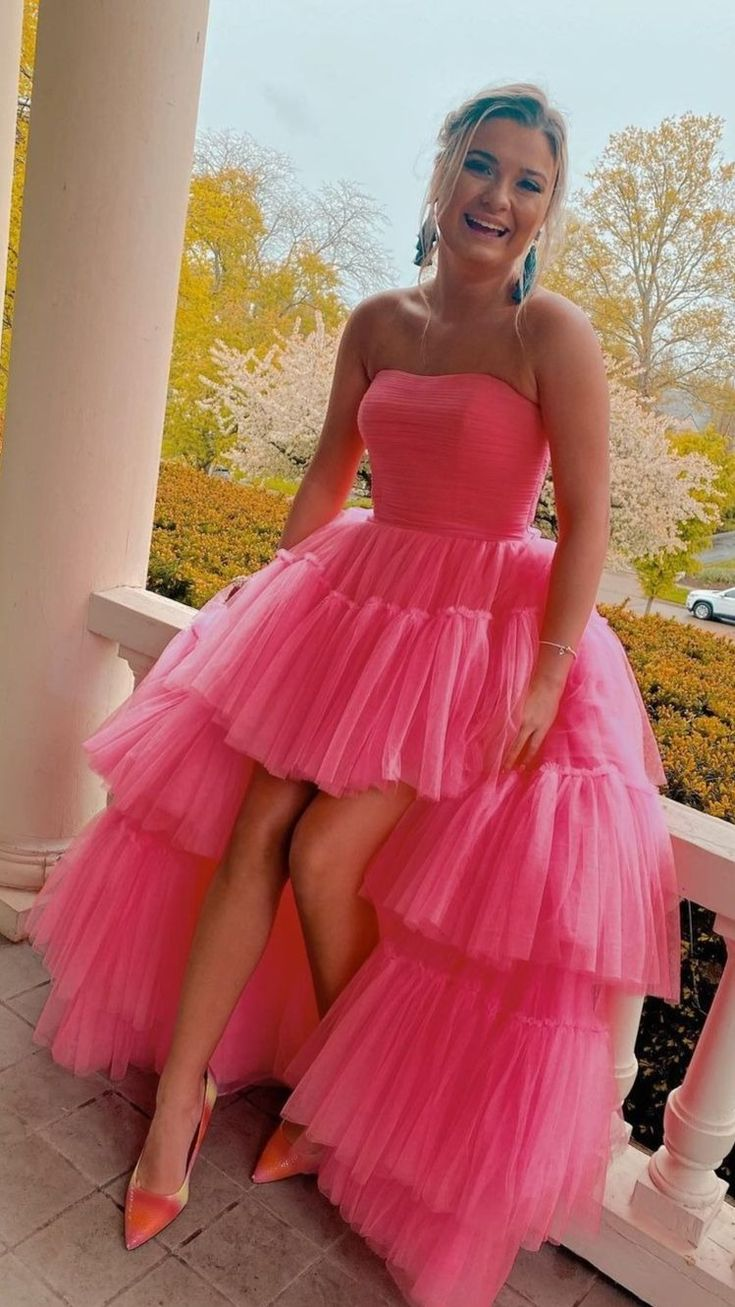 Hot Pink High-Low Tulle Strapless Homecoming Dress Evening Party Dress,DP746