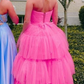 Hot Pink High-Low Tulle Strapless Homecoming Dress Evening Party Dress,DP746