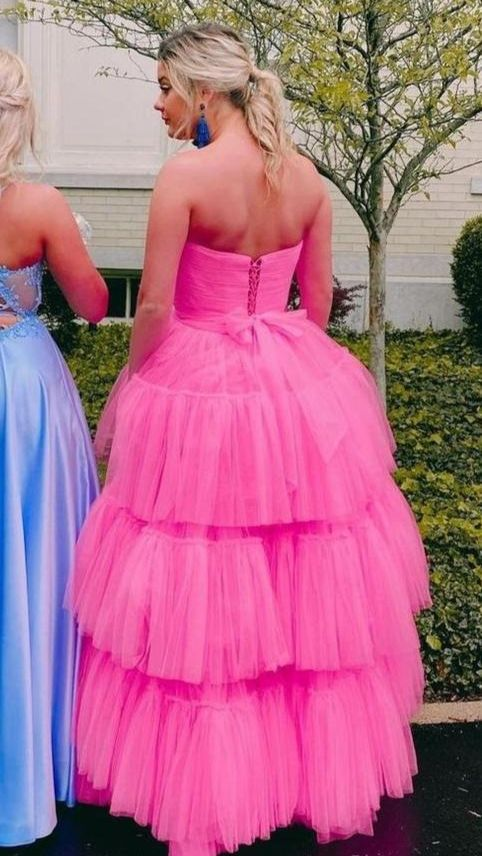 Hot Pink High-Low Tulle Strapless Homecoming Dress Evening Party Dress,DP746