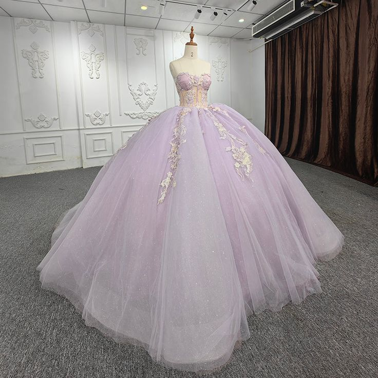 Light Purple Strapless Appliques Tulle Long Ball Gown Quinceanera Dress with Beads,DP747