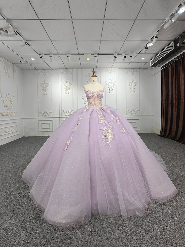 Light Purple Strapless Appliques Tulle Long Ball Gown Quinceanera Dress with Beads,DP747