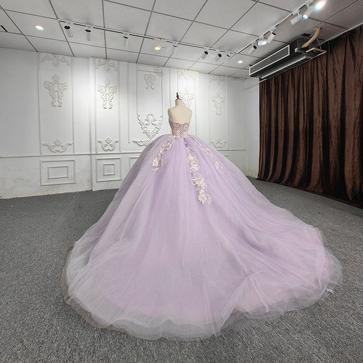 Light Purple Strapless Appliques Tulle Long Ball Gown Quinceanera Dress with Beads,DP747